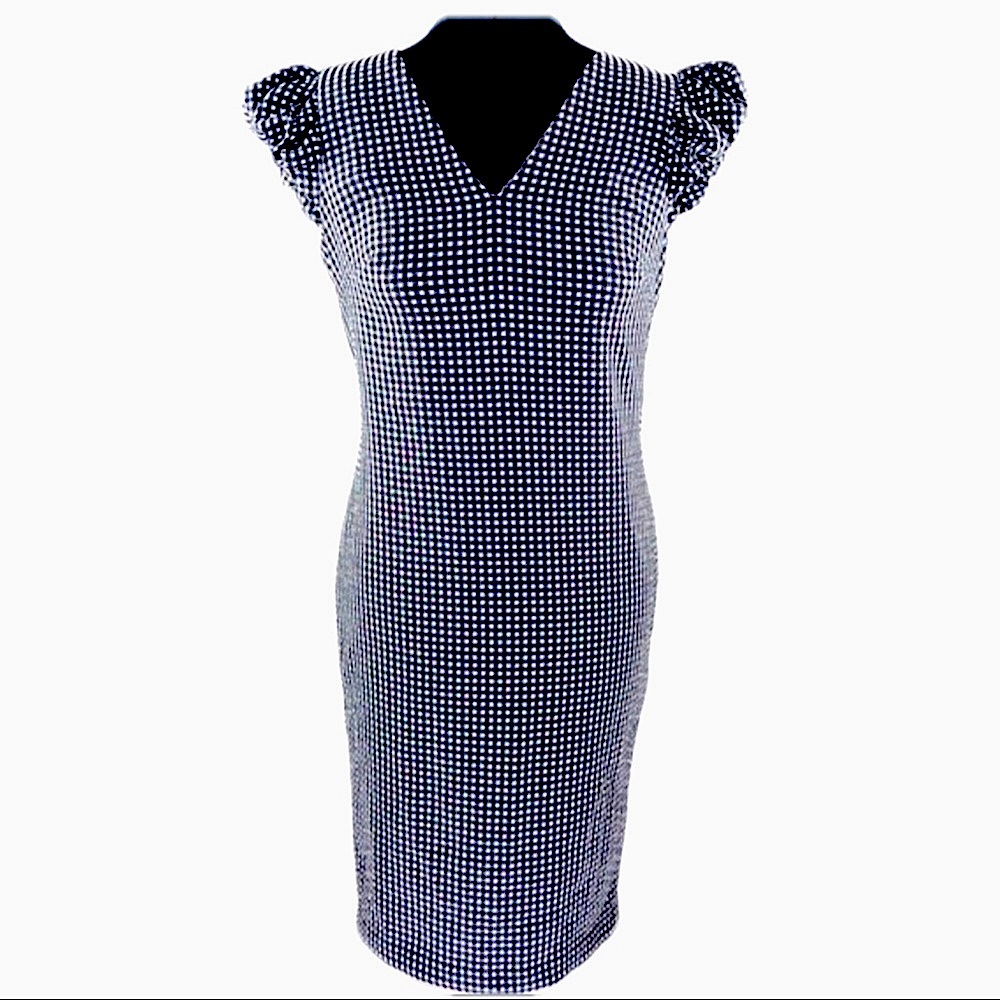 Calvin Klein Black/White Checked V Neck Dress Sz 6